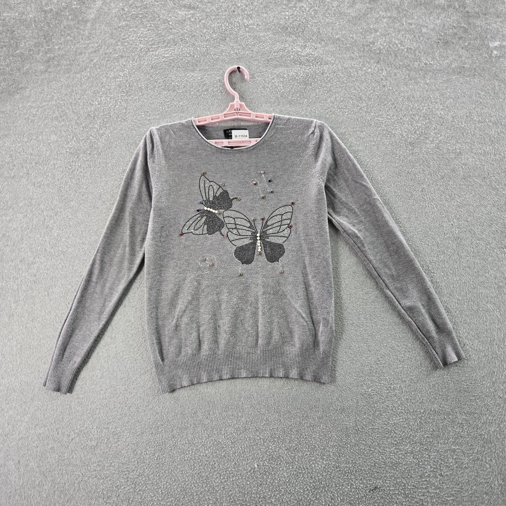 S. Christina Women Sweater S/M Gray‎ Cashmere Graphic Butterfly Beaded Pullover